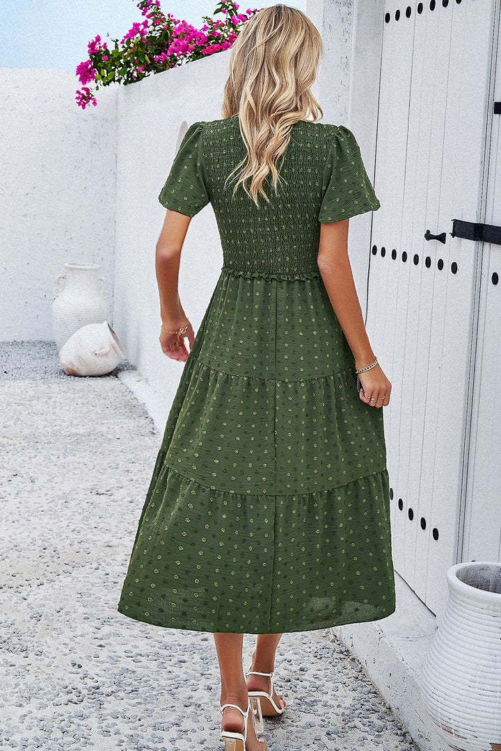 Swiss Dot Short Sleeve Smocked Dress | Trendsi