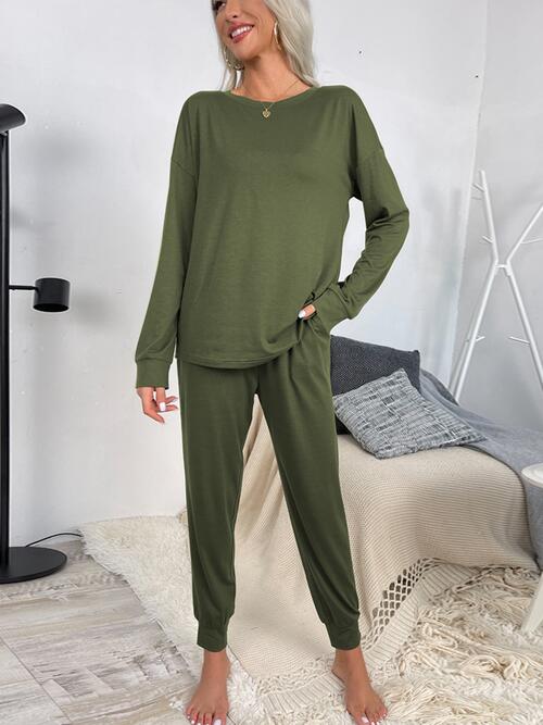 Round Neck Top and Drawstring Pants Lounge Set | 1mrk.com