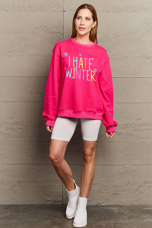 Simply Love Full Size I HATE WINTER Dropped Shoulder Sweatshirt | Trendsi