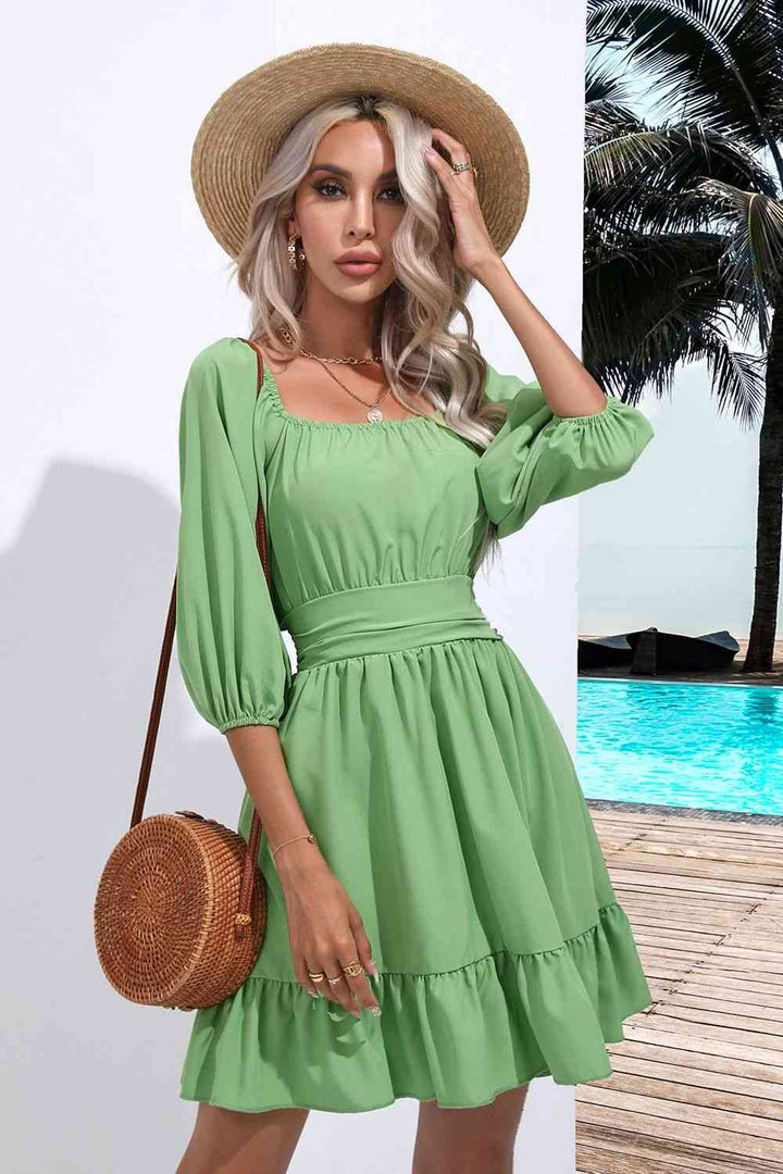 Square Neck Tie Back Ruffle Hem Dress |1mrk.com