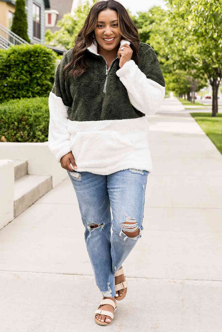 Plus Size Half Zipper Fleece Sweatshirt with Pocket |1mrk.com