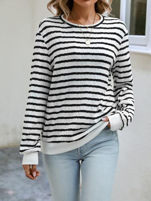 Striped Round Neck Long Sleeve Top | 1mrk.com