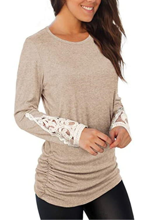 Lace Detail Long Sleeve Round Neck T-Shirt | 1mrk.com