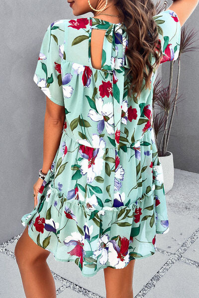 Printed Tiered Round Neck Mini Dress |1mrk.com