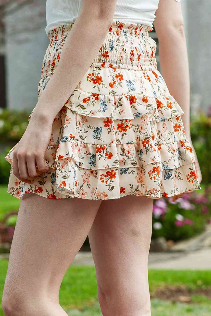 Floral Smocked Waist Layered Skirt |1mrk.com