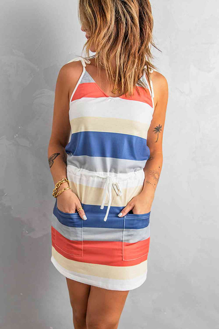 Striped Drawstring Waist Tie-Shoulder Mini Dress |1mrk.com