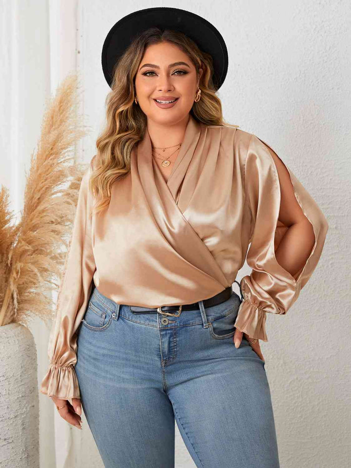 Plus Size Surplice Neck Flounce Sleeve Blouse |1mrk.com