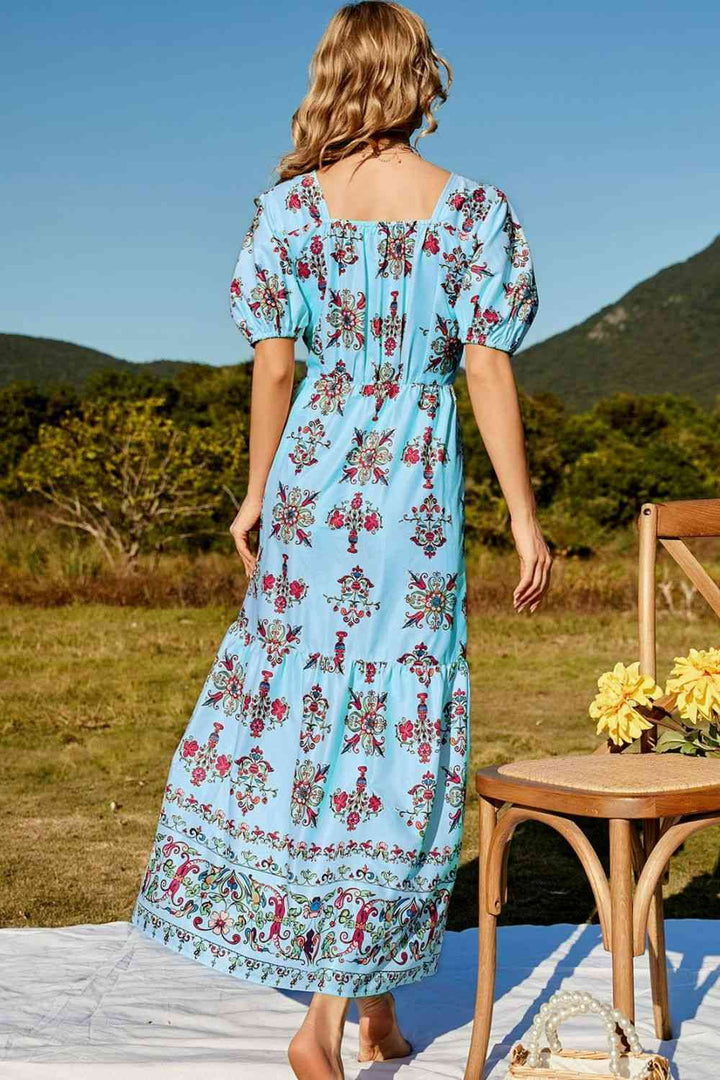 Floral Ruched Puff Sleeve Tiered Maxi Dress | 1mrk.com