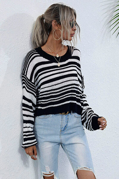 Striped Round Neck Dropped Shoulder Sweater | Trendsi