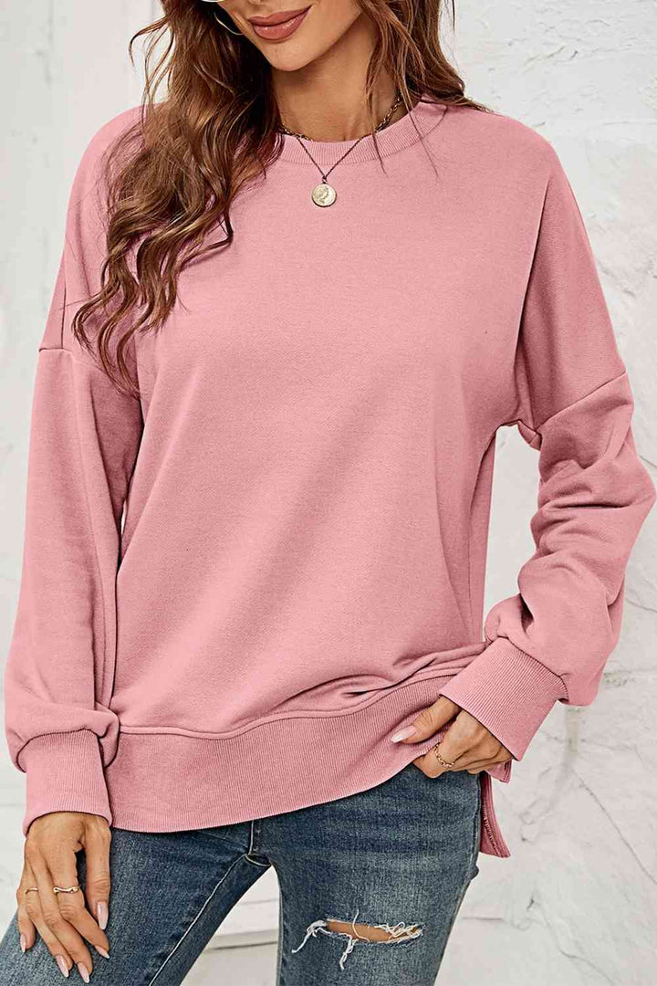 Round Neck  Dropped Shoulder Slit Sweatshirt |1mrk.com