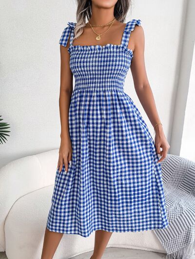 Frill Plaid Square Neck Midi Dress |1mrk.com