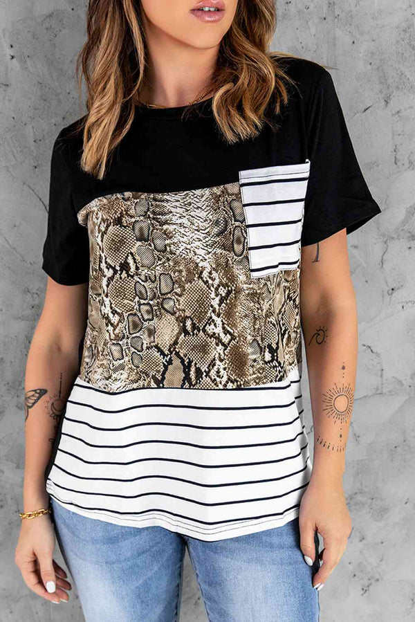 Mixed Print Color Block Round Neck Tee Shirt | 1mrk.com