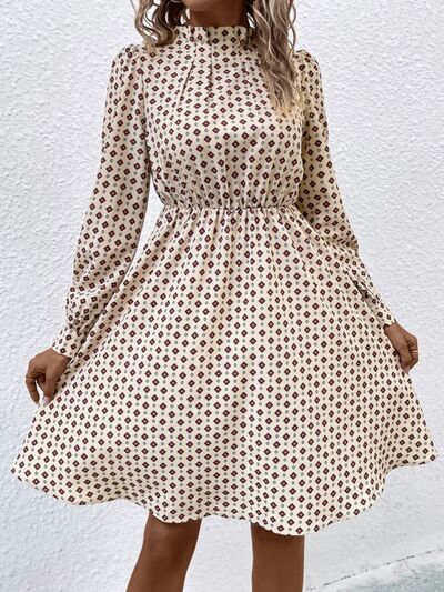 Printed Ruched Mock Neck Long Sleeve Dress |1mrk.com