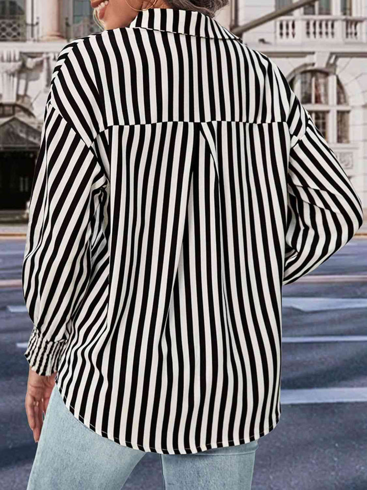 Striped Dropped Shoulder Smocked Wristband Shirt |1mrk.com