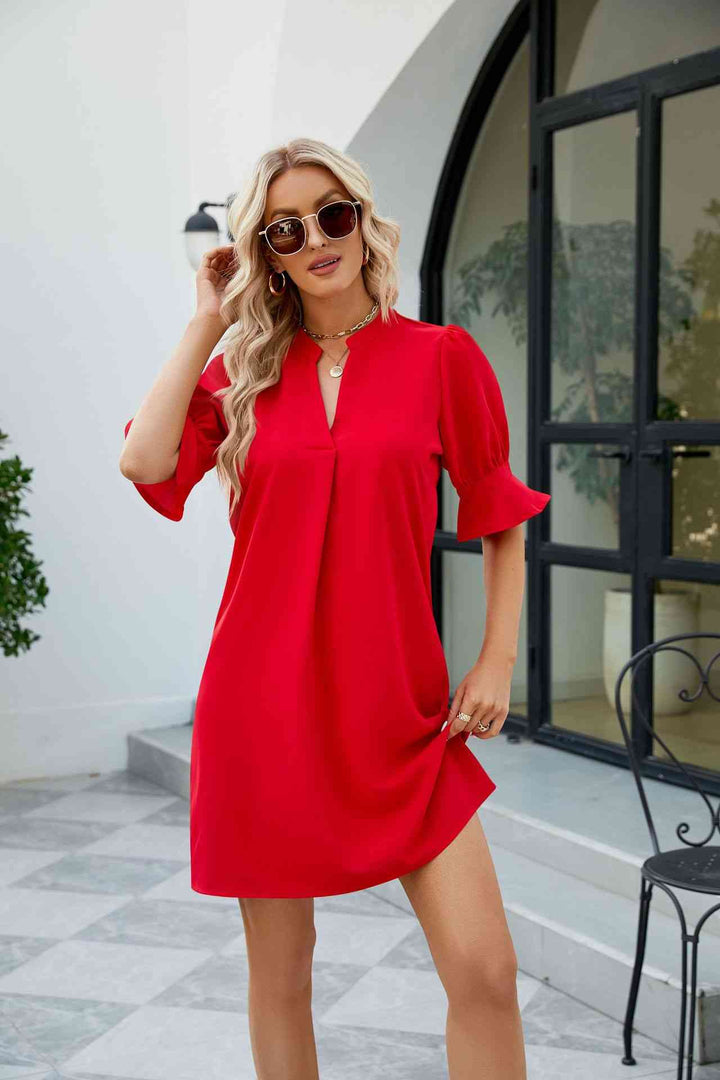 Notched Neck Flounce Sleeve Mini Dress |1mrk.com