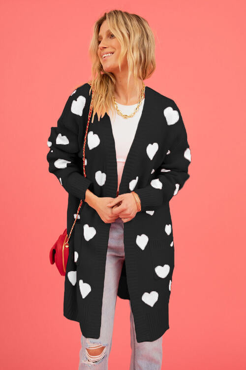 Heart Graphic Open Front Cardigan with Pockets |1mrk.com