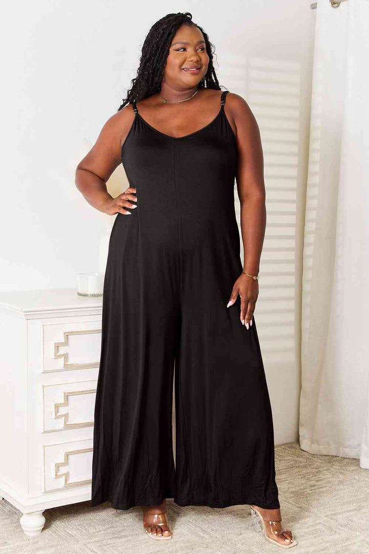 Double Take Full Size Soft Rayon Spaghetti Strap Tied Wide Leg Jumpsuit | 1mrk.com