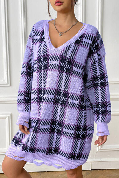 Plaid V-Neck Long Sleeve Sweater Dress | 1mrk.com