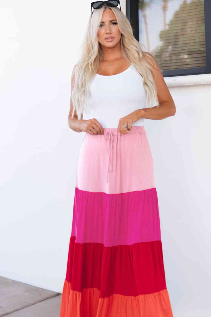 Color Block Tiered Maxi Skirt |1mrk.com