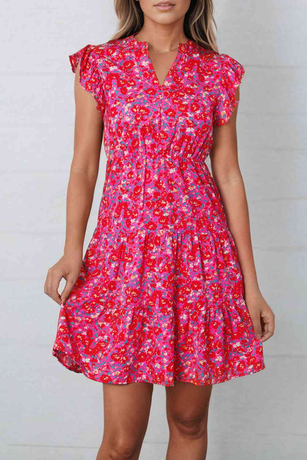 Floral Print Notched Neck Cap Sleeve Mini Dress |1mrk.com