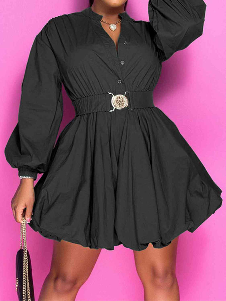 Notched Button Up Balloon Sleeves Dress | 1mrk.com