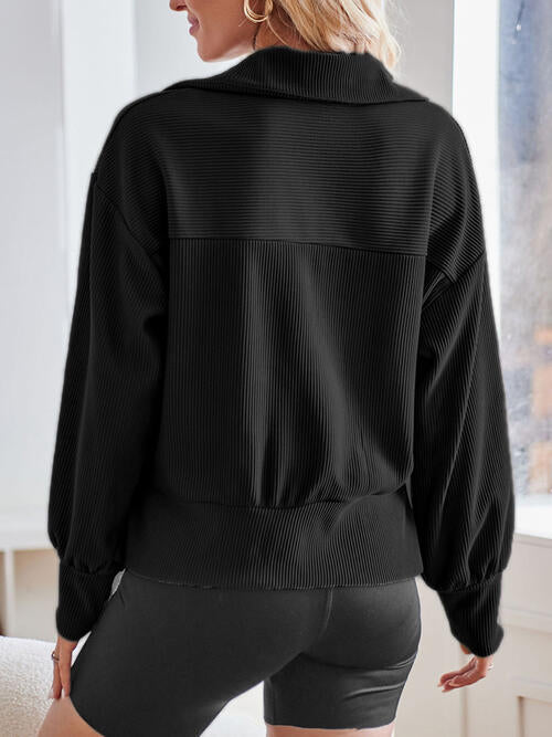 Ribbed Half Zip Collared Neck Sweatshirt |1mrk.com