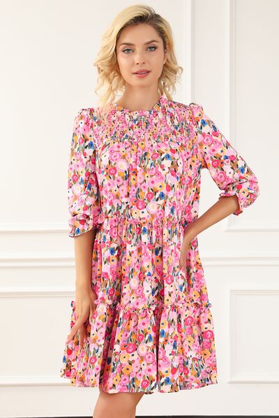 Floral Smocked Flounce Sleeve Mini Dress |1mrk.com