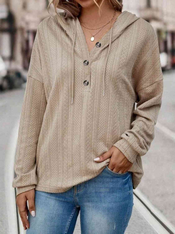 Drawstring Buttoned Drop Shoulder Hoodie | 1mrk.com