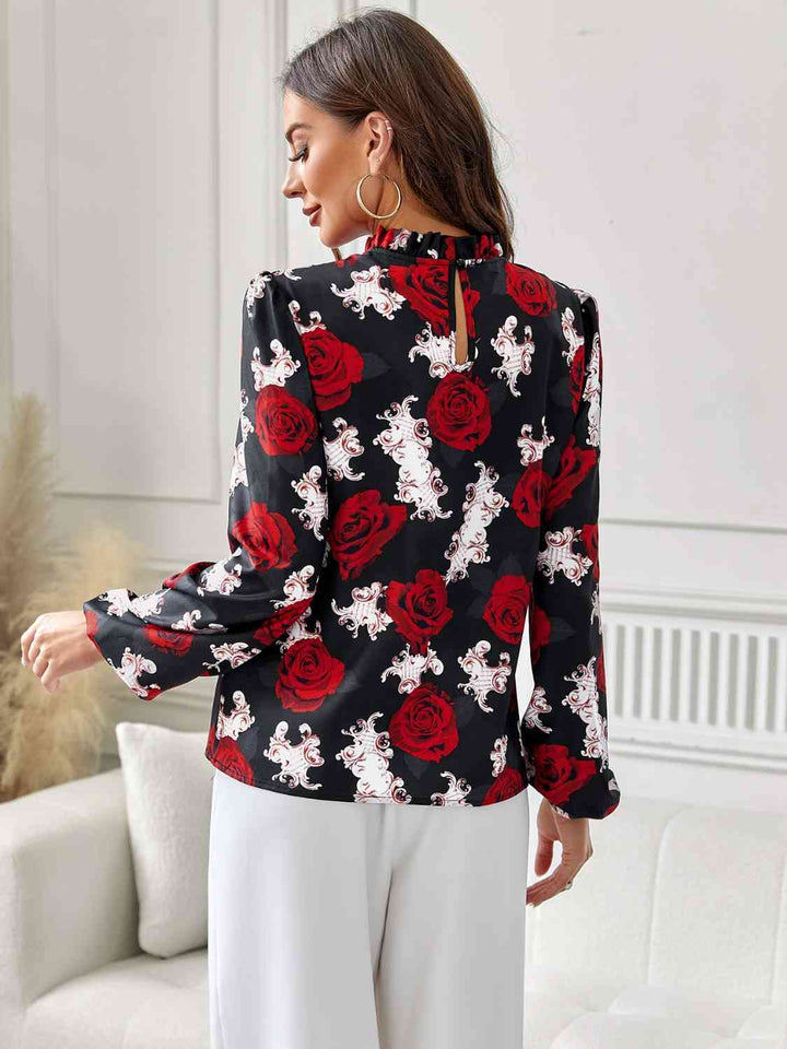 Floral Mock Neck Long Sleeve Blouse |1mrk.com