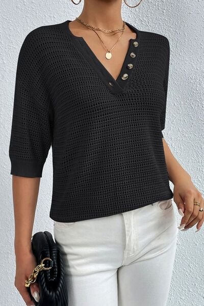 Openwork Half Button Dropped Shoulder Knit Top |1mrk.com