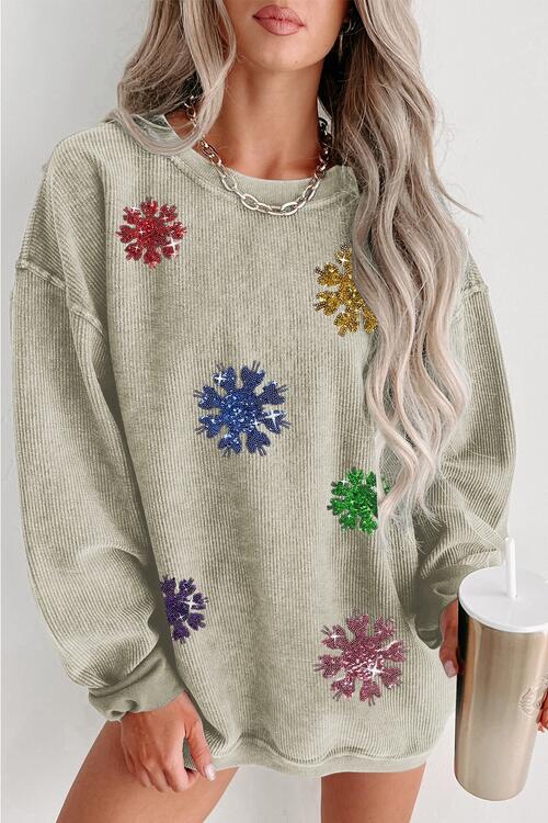 Sequin Snowflake Round Neck Sweatshirt | Trendsi