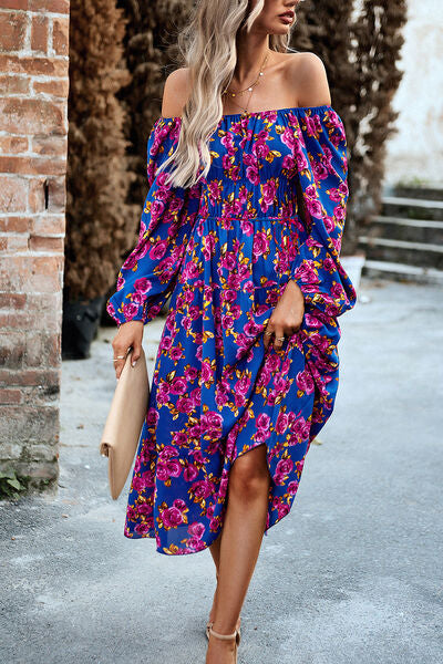 Printed Balloon Sleeve Pocketed Midi Dress |1mrk.com