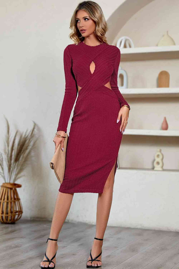 Cutout Crisscross Round Neck Long Sleeve Dress |1mrk.com