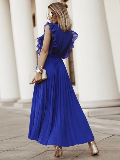 Tied Surplice Cap Sleeve Pleated Dress |1mrk.com