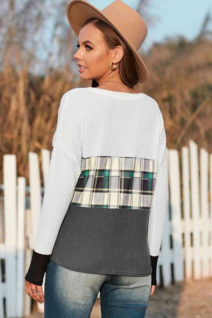 Plaid Color Bock V-Neck Knit Top | 1mrk.com