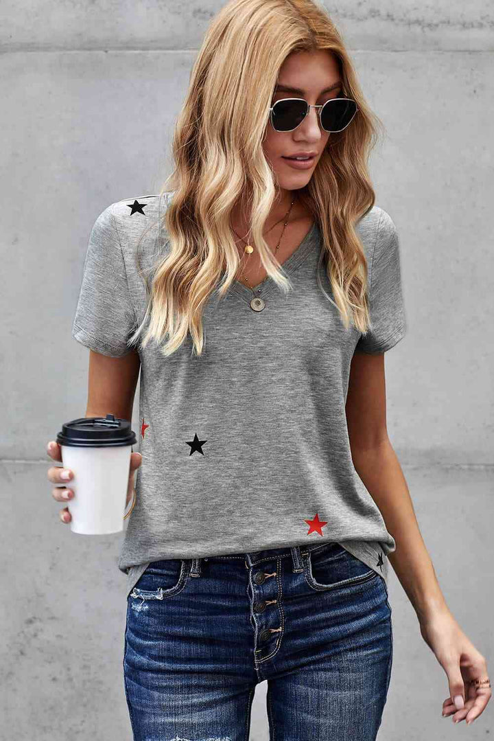 Star Print V-Neck Tee Shirt | 1mrk.com