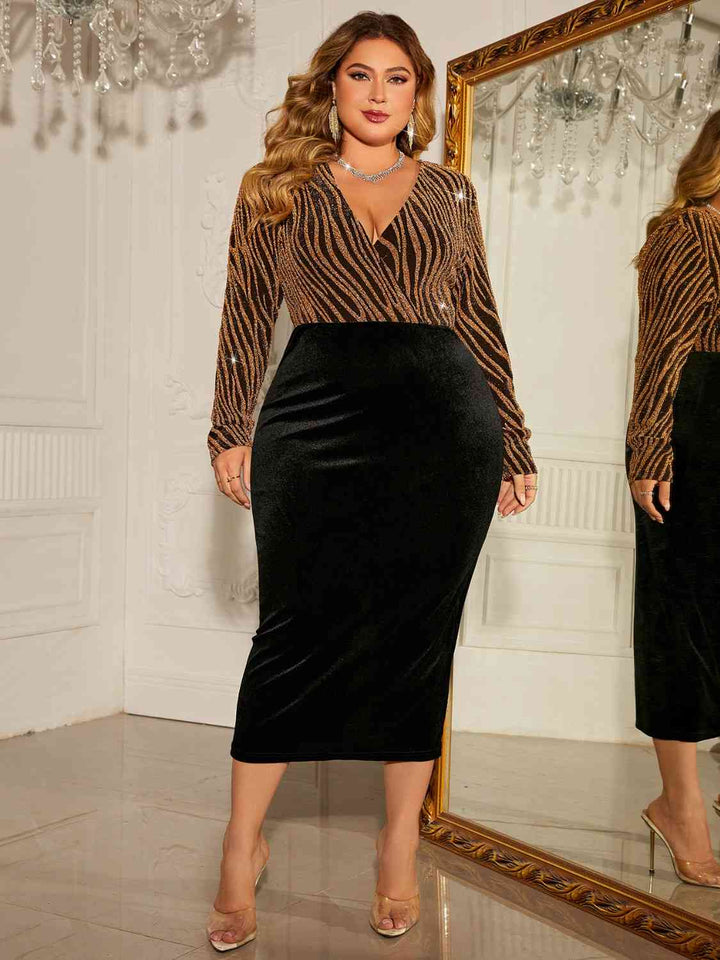 Plus Size Surplice Neck Long Sleeve Slit Dress | 1mrk.com