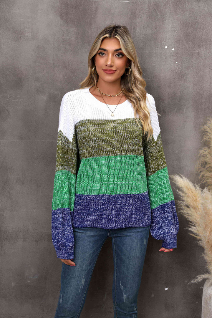 Color Block Round Neck Dropped Shoulder Sweater |1mrk.com