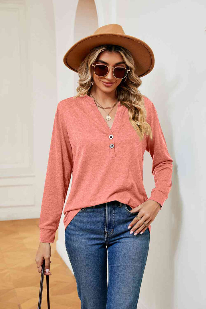 Buttoned Notched Neck Long Sleeve Top | 1mrk.com