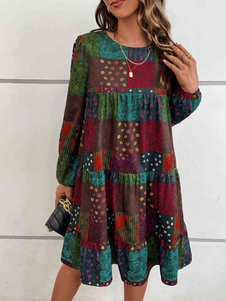 Patchwork Round Neck Long Sleeve Dress | 1mrk.com