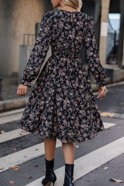 Printed Round Neck Flounce Sleeve Dress |1mrk.com