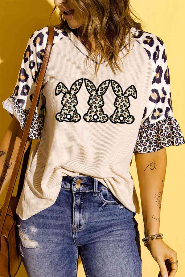 Easter Leopard Waffle-Knit Flounce Sleeve Top | 1mrk.com