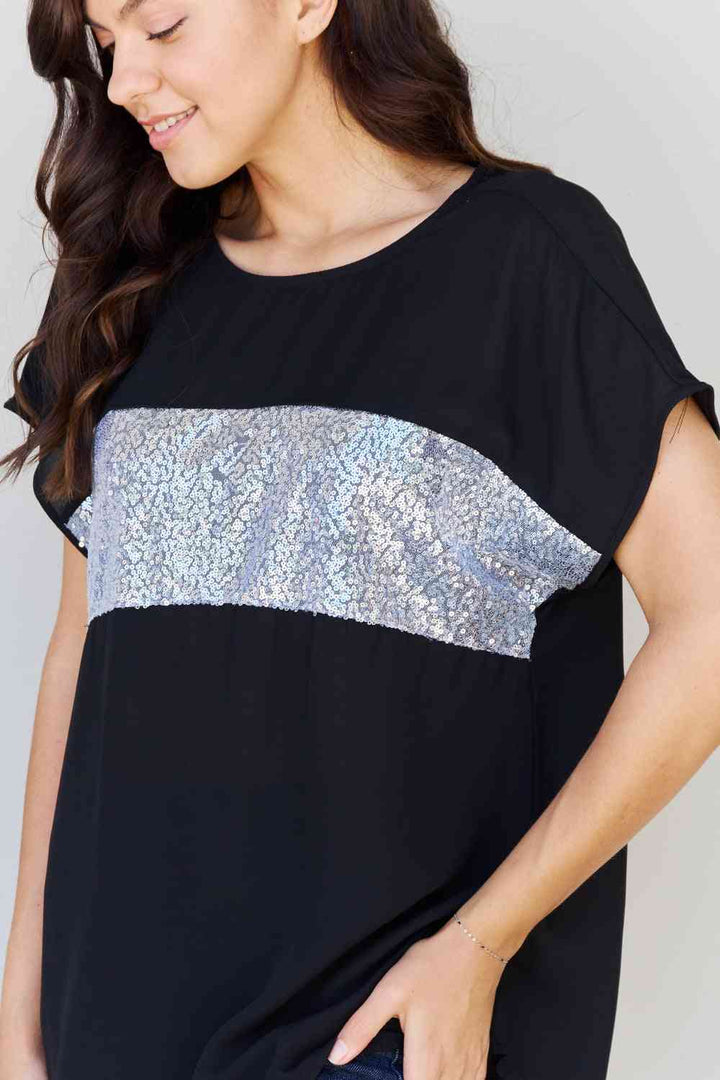 Sew In Love Shine Bright Full Size Center Mesh Sequin Top in Black/Silver | 1mrk.com