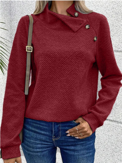 Buttoned Mock Neck Long Sleeve Sweatshirt |1mrk.com