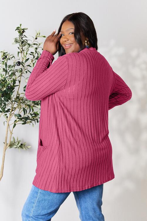 Basic Bae Full Size Ribbed Open Front Cardigan with Pockets | Trendsi