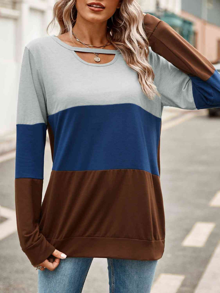 Color Block Cutout Round Neck Long Sleeve T-Shirt | 1mrk.com