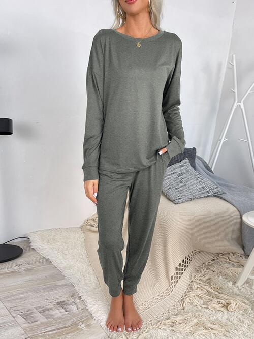 Round Neck Top and Drawstring Pants Lounge Set | 1mrk.com