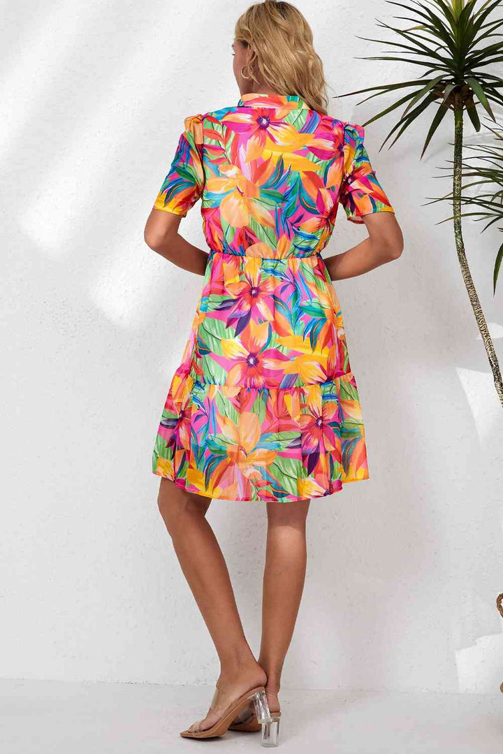 Floral Notched Neck Short Sleeve Dress |1mrk.com