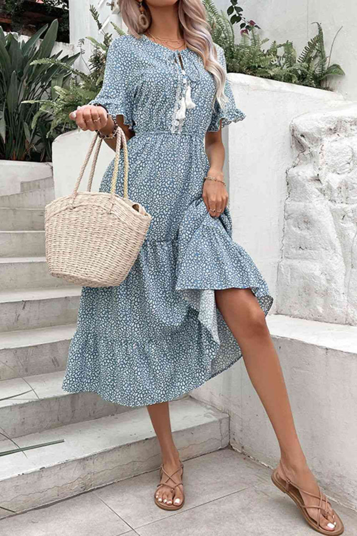 Printed Tassel Tie Flounce Sleeve Dress |1mrk.com