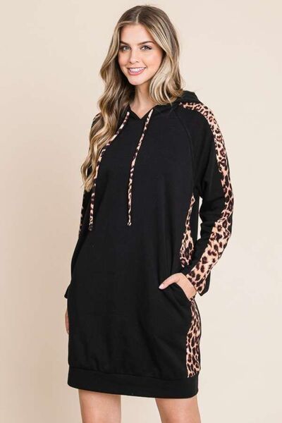 Culture Code Drawstring Leopard Long Sleeve Hooded Dress |1mrk.com